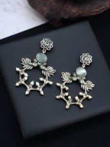 Handcrafted Peacock Inspired Earrings | Vintage Look Silver Replica Flower Stud Jewelry - color: "Grey"