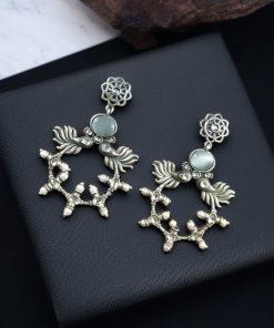 Handcrafted Peacock Inspired Earrings with Vintage Silver Replica Floral Stud Design.