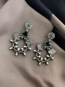 Handcrafted Peacock Inspired Earrings | Vintage Look Silver Replica Flower Stud Jewelry - color: "Black"