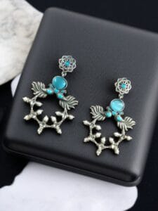 Handcrafted Peacock Inspired Earrings | Vintage Look Silver Replica Flower Stud Jewelry - color: "Aqua"