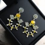Handcrafted Peacock Inspired Earrings | Vintage Look Silver Replica Flower Stud Jewelry - "Yellow"
