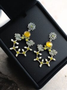 Handcrafted Peacock Inspired Earrings | Vintage Look Silver Replica Flower Stud Jewelry - color: "Yellow"