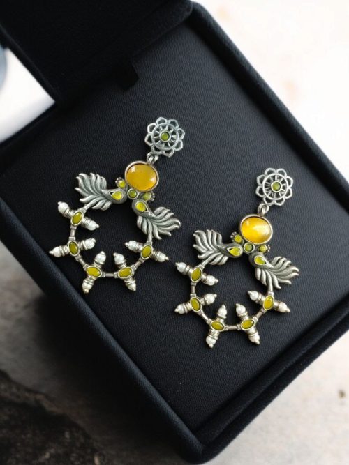 Handcrafted Peacock Inspired Earrings with Vintage Silver Replica Floral Stud Design.