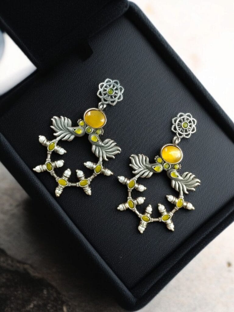 Bulk 830 Handcrafted Peacock Inspired Earrings | Vintage Look Silver Replica Flower Stud Jewelry - "Yellow"