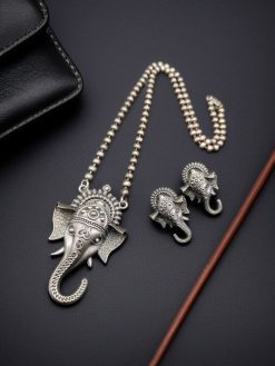 Traditional Ganesha Necklace Set with Unique Oxidised Silver Look-Alike Finish and Matching Stud Earrings