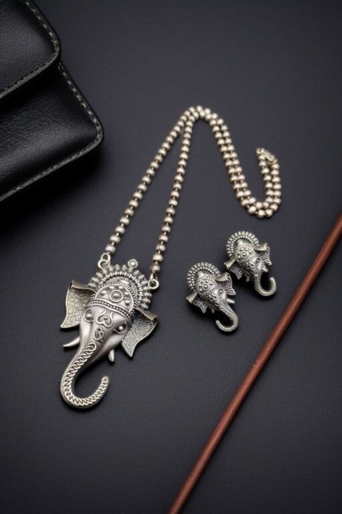 Traditional Ganesha Necklace Set with Unique Oxidised Silver Look-Alike Finish and Matching Stud Earrings
