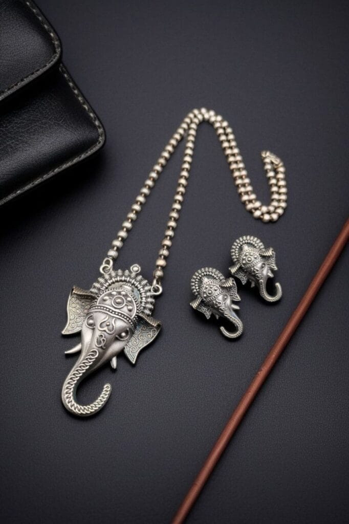 Traditional Ganesha Necklace Set in Unique Oxidised Silver Look alike Finish
