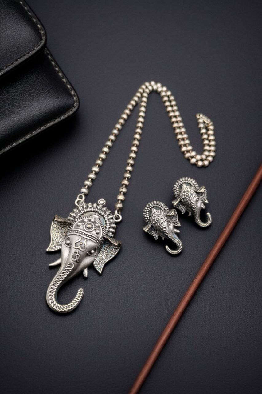 Traditional Ganesha Necklace Set with Unique Oxidised Silver Look-Alike Finish and Matching Stud Earrings
