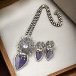 Traditional Silver Replica Nandi Necklace Set With Amazing Monalisa Stone & Pearl Details - 'Amethyst"