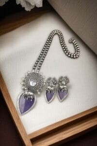 Traditional Silver Replica Nandi Necklace Set With Amazing Monalisa Stone & Pearl Details - color: "Purple"
