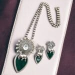 Traditional Silver Replica Nandi Necklace Set With Amazing Monalisa Stone & Pearl Details - 'Green"