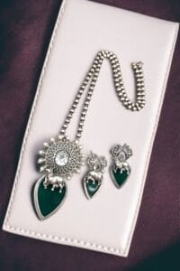 Traditional Silver Replica Nandi Necklace Set With Amazing Monalisa Stone & Pearl Details - color: 'Green"