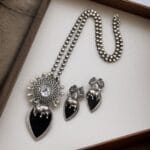 Traditional Silver Replica Nandi Necklace Set With Amazing Monalisa Stone & Pearl Details