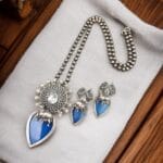 Traditional Silver Replica Nandi Necklace Set With Amazing Monalisa Stone & Pearl Details - "Blue"