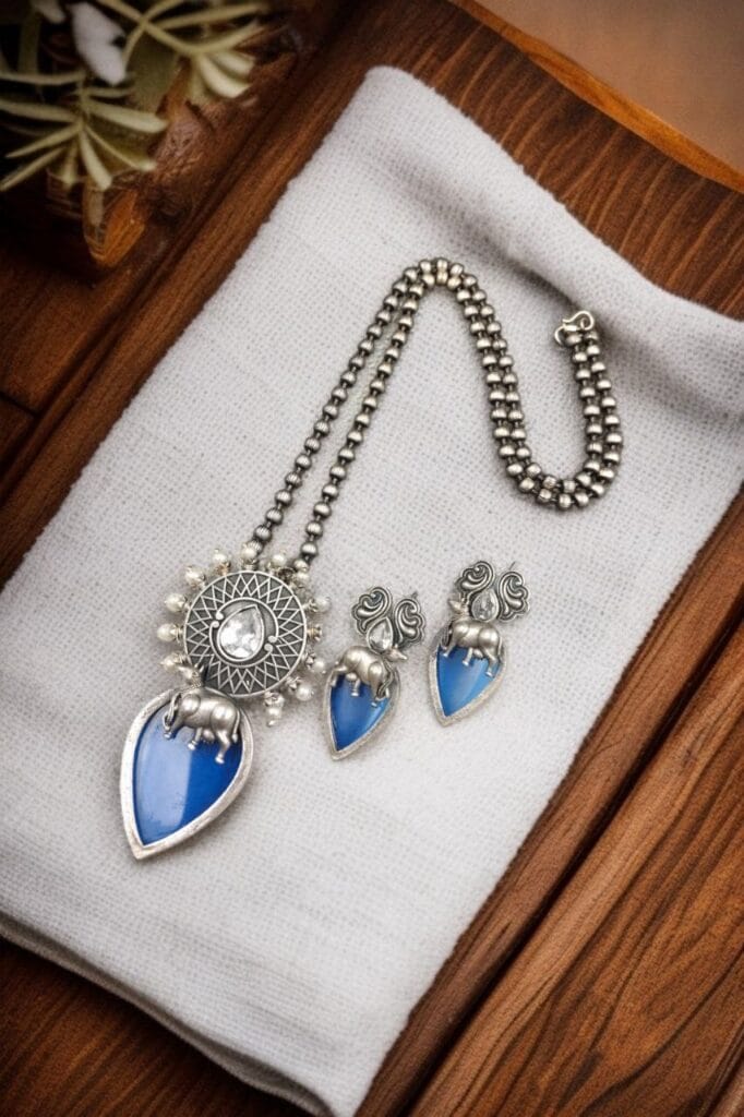 Bulk 810 Traditional Silver Replica Nandi Necklace Set With Amazing Monalisa Stone & Pearl Details - "Blue"
