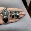 Traditional Silver Replica Nandi Necklace set with Monalisa Stone & Pearl Details.