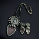 Traditional Silver Replica Nandi Necklace Set With Amazing Monalisa Stone & Pearl Details - "Baby Pink"