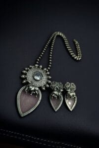 Traditional Silver Replica Nandi Necklace Set With Amazing Monalisa Stone & Pearl Details - color: "Baby Pink"