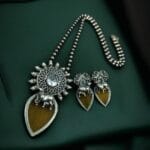 Traditional Silver Replica Nandi Necklace Set With Amazing Monalisa Stone & Pearl Details - 'Yellow"