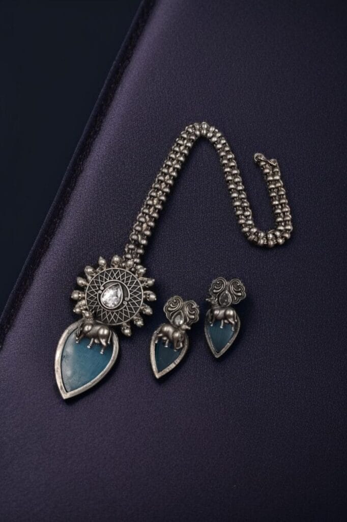 Bulk 804 Traditional Silver Replica Nandi Necklace Set With Amazing Monalisa Stone & Pearl Details - "Aqua"