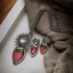 Traditional Silver Replica Nandi Necklace Set With Amazing Monalisa Stone & Pearl Details - "Red"