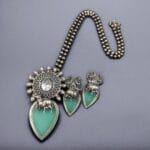 Traditional Silver Replica Nandi Necklace Set With Amazing Monalisa Stone & Pearl Details - "Mint"