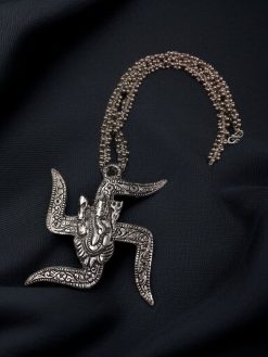 Traditional Silver Plated Ganesha Necklace with Swastik Pendant & Floral Design.