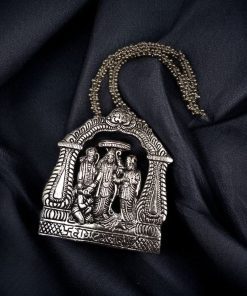 Traditional Ramayan theme Dokra pendant necklace with a long ghungroo chain.