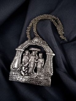 Traditional Ramayan theme Dokra pendant necklace with a long ghungroo chain.