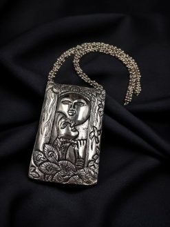 Traditional Silver Plated Radha Krishna Necklace with Long Ghoongroo Chain, perfect for festive and spiritual occasions.