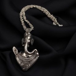 Handcrafted Silver Plated Ganesha Pendant Necklace with Floral Design and Long Ghoongroo Chain for Festive Wear.
