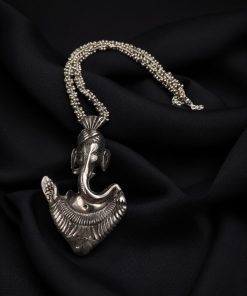 Handcrafted Silver Plated Ganesha Pendant Necklace with Floral Design and Long Ghoongroo Chain for Festive Wear.