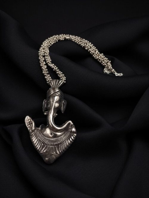 Handcrafted Silver Plated Ganesha Pendant Necklace with Floral Design and Long Ghoongroo Chain for Festive Wear.