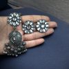 Silver Look Floral Pendant Necklace with Long Chain – Elegant Festival Wear Jewelry.