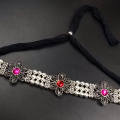 Silver Plated Flower Choker with Oxidized Finish and Adjustable Thread Closure.