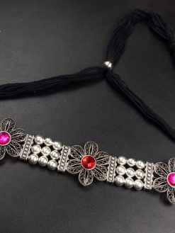 Silver Plated Flower Choker with Oxidized Finish and Adjustable Thread Closure.