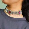Silver Plated Flower Choker with Oxidized Finish and Adjustable Thread Closure.