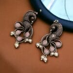 Oxidized Lightweighted Amazing Peacock Stud Earrings with Intricate Pearl & Stone - "Baby Pink"