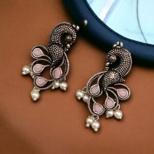 Oxidized Lightweighted Amazing Peacock Stud Earrings with Intricate Pearl & Stone - color: "Baby Pink"