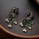 Oxidized Lightweighted Amazing Peacock Stud Earrings with Intricate Pearl & Stone - "Green"