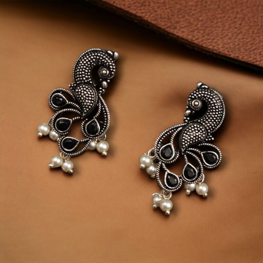 Bulk 794 Oxidized Lightweighted Amazing Peacock Stud Earrings with Intricate Pearl & Stone - "Black"
