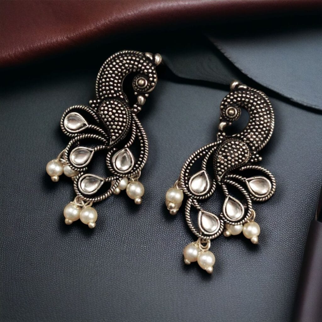 Bulk 790 Oxidized Lightweighted Amazing Peacock Stud Earrings with Intricate Pearl & Stone - "White"