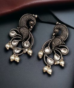 Oxidized lightweight peacock stud earrings with intricate pearl and stone detailing.