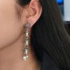 Traditional 3-Layer Pearl Temple Earrings in Silver Replica Finish with floral motifs and cascading pearls.