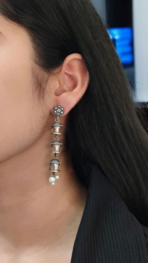 Traditional 3-Layer Pearl Temple Earrings in Silver Replica Finish with floral motifs and cascading pearls.