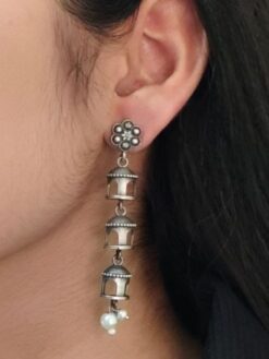 Traditional 3-Layer Pearl Temple Earrings in Silver Replica Finish with floral motifs and cascading pearls.