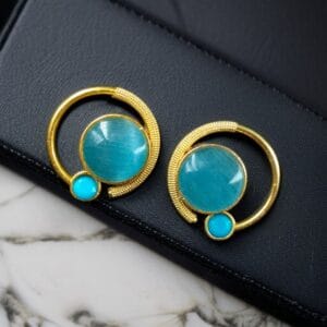 Premium Round Monalisa Stone Earrings | Best Western Contemporary Jewelry - color: "Aqua"