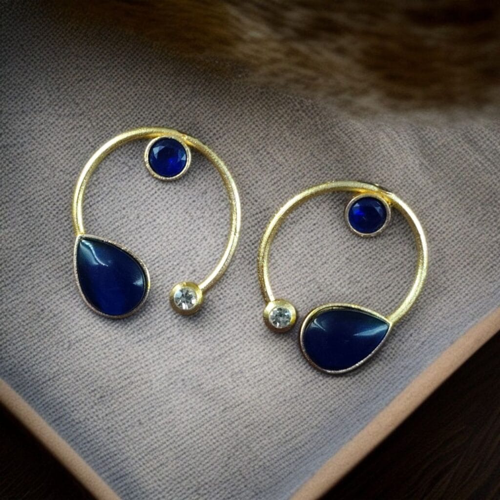 Bulk 732 Premium Quality Golden Stone Earrings | Unique Western Style Light Weighted Stud - "Blue"