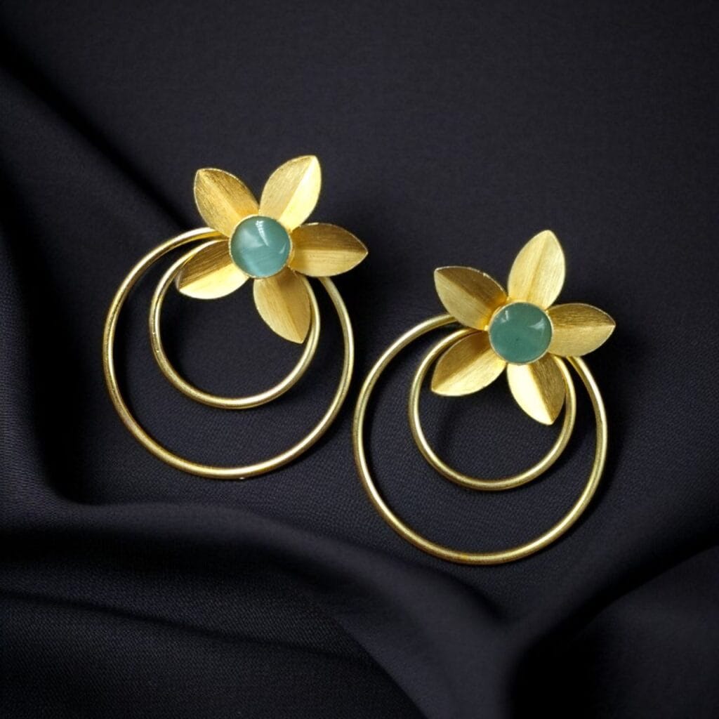 Bulk 722 Designer Half-Circle Flower Earrings – Beautiful Gold Plated Leaf & Stone Jewelry - "Aqua"