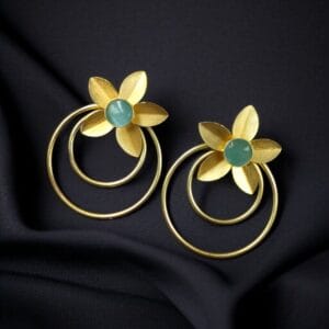 Designer Half-Circle Flower Earrings – Beautiful Gold Plated Leaf & Stone Jewelry - color: "Aqua"